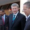 Rudolph Brown/Chief Photographer
Canadian Prime Minister Stephen Harper speaks to Prime Minister Bruce Golding after speaking to the House of parliament, on Monday, April 20-2009 Prime Minister Harper on an official visit to Jamaica.