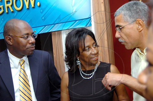 Rudolph Brown/Chief Photographer
Sandra Glasgow, Chief Executive Officer of the Private Sector Organisation of Jamaica chat with Mark Mckenzie, (right) managing director and Vice President of PSOJ and Karl Williams, (left) of Sagicor Life Jamaica at the welcome cocktails hosted by the PSOJ on the train-the-Trainer programme being hosted by the PSOJ in association with the International Finance Corporations Global Corporate Governance Forum. at the Spanish Court Hotel in New Kingston on Thursday, March 19-2009
?