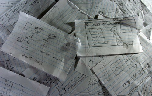 Ricardo Makyn/Staff Photographer.
Notes Written by Classmates from Morant Bay Primary School  of the late  Courtney Walker affectionately called CJ by Family and Friends who was brutally stabbed 57 times to death in Morant Bay writes a note to remember His dare friend at a counselling session at the School on Friday 20.3.2009.
