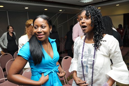 Rudolph Brown/Chief Photographer
Kayah Ma'at-Alexander, (right) of The Forgotten Foods chat with Nadine Steens of Black Jaguar Beauty Services at the Caribbean Veggie Fest Spa and Wellness Conference 2009 at the Hilton Hotel in New Kingston on Friday, June 12-2009