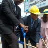 Rudolph Brown/Chief Photographer
Governor General Sir Kenneth Hall, (centre) break ground with Winston Adams, (left) President of UCC and his wife Geraldine Adams CEO at the University College of the Caribbean, groundbreaking and dedication for the Worthington Campus expansion on Monday, February 23-2009.