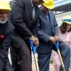 Rudolph Brown/Chief Photographer
Governor General Sir Kenneth Hall, (centre) break ground with from left Ryland Campbell, Chairman,CCMB, Winston Adams, President of UCC, Geraldine Adams CEO and Dr. Velma Brown-Hamilton, Broard member at the University College of the Caribbean  groundbreaking and dedication for the Worthington Campus expansion on Monday, February 23-2009.