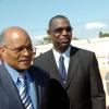 Rudolph Brown/Chief Photographer
Winston Adams, (centre) President of UCC and his wife Geraldine Adams CEO greets the Governor General Sir Kenneth Hall, (left) at the University College of the Caribbean groundbreaking and dedication for the Worthington Campus expansion on Monday, February 23-2009.