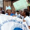 Ricardo Makyn/Staff Photographer.
BUDGET PROTEST: Members of the Nurses  Association of Jamaica, led by their president Edith Allwood-Anderson (2nd left), demonstrate at the intersection of Sutton and Duke Streets as Minister of Finance Hon Audley Shaw read his Budget Speech at Gordon House yesterday.