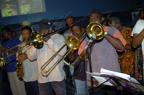 Peta-Gaye Clachar/Staff Photographer
The horn tribute to Egbert Evans at a tribute show at The Deck in New Kingston on Wednesday, April 22, 2009.