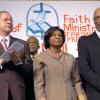 Rudolph Brown/Chief Photographer
Dr Patrick Allen, (right) Governor General and his wife Patricia, and Prime Minister Bruce Golging at the United  Voice of The Church hosted prayer & restoration service Heal the Family Heal the Nation, the 4th National call Theme: "A Travailing Session" at the National Arena on Wednesday, March 4-2009