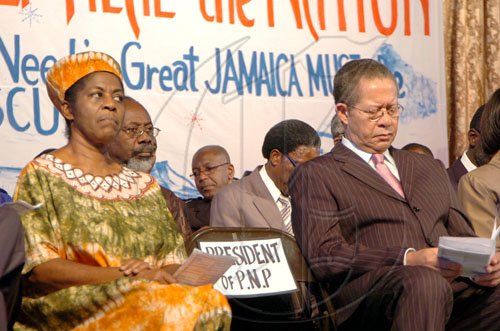 Rudolph Brown/Chief Photographer
Blossom White and Prime Minister Bruce Golding at the United  Voice of The Church hosted prayer & restoration service Heal the Family Heal the Nation, the 4th National call Theme: "A Travailing Session" at the National Arena on Wednesday, March 4-2009