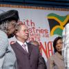Rudolph Brown/Chief Photographer
Bishop Dr. Delford Davis, (right), Prime Minister Bruce Golding and Bishop Dr. Carmen Stewart, Custos of St. Andrew at the United  Voice of The Church hosted prayer & restoration service Heal the Family Heal the Nation, the 4th National call Theme: "A Travailing Session" at the National Arena on Wednesday, March 4-2009