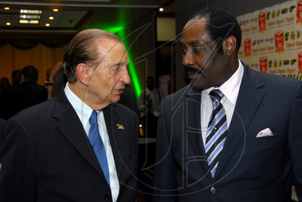 Colin Hamilton/Freelance Photographer 
The Hon. Edward Seaga has a chat with Captain Horace Burrell at the Digicel Premier League and National U-21 Awards Ceremony at the Jamaica Pegasus Hotel on Tuesday June 9, 2009.