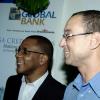 First Global Bank's Acting President, Courtney Campbell (left) and Group Chief Operating Officer of GraceKennedy, Don Wehby waits at the entrance to meet guests upon arrival for First Global's "A Touch of Culture", customer appreciation event last Thursday.

Winston Sill / Freelance Photographer
First Global host "A Touch of Class" reception for clients,  held at the Jamaica Pegasus Hotel, New Kingston on Thursday November 12, 2009.