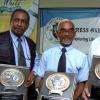 Peta-Gaye Clachar/Freelance Photographer
Honourees Mr. Michael Gordon (left) Photographer from the Jamaica Observer, Mr. Ken Dawson Videographer formerly at the Television Jamaica and our very own Mr. Winston Sill (right) Photographer at the Gleaner Company bask in their accomplishments when the Press Association of Jamaica hosted Veterans' Luncheon on their behalf at the Girl Guides Association on Wednesday, December 2, 2009.